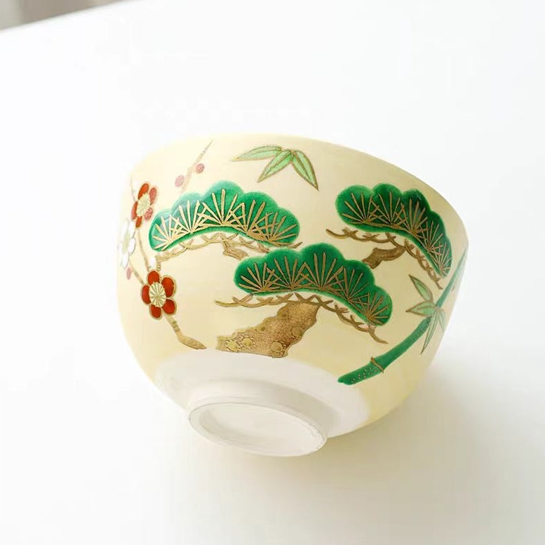 Japanese Hand made Kinsai Shochikubai matcha bowl