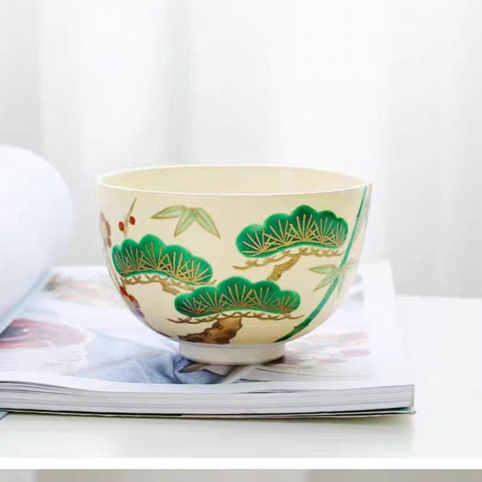 Japanese Hand made Kinsai Shochikubai matcha bowl