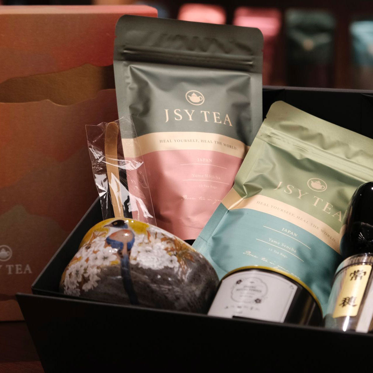 Classic Japanese Tea Gift Box : Japanese Sencha Tea Bags 12pcs+Japanese Hojicha TeaBags 15pcs+Organic Matcha 50g + Matcha Spoon+Kutani Premium Matcha Bowl + Matcha Whisk