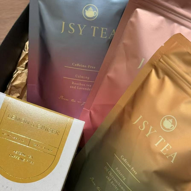 Caffeine Free Tea Gift Box:Rooibos Tea & Lavender Teabags 10pcs+Rose & Roselle Teabags 10pcs +Oil Chrysanthemum&Barley Tea Bags 10pcs+Lemon & Ginger TeaBags 15pcs