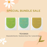 Chamomile Sencha Tea Bags 15pcs+ Gardenia Green Tea Tea Bags 15pcs+ Lemon & Ginger Tea Bags 15pcs